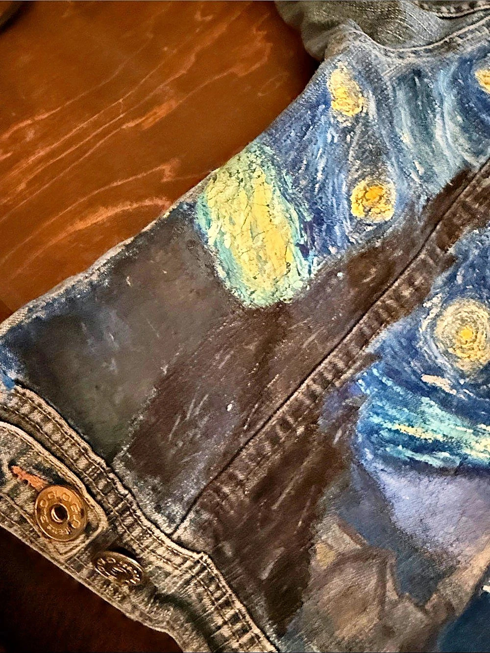 Hand painted Vincent van high starry night Jean jacket medium crop vintage 95 - Picture 5 of 8